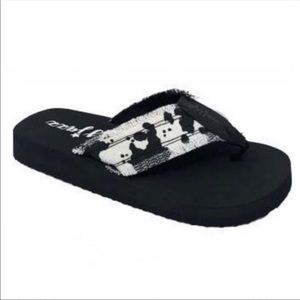 Gypsy Jazz Cow Print Frayed Flip Flops, Sandals